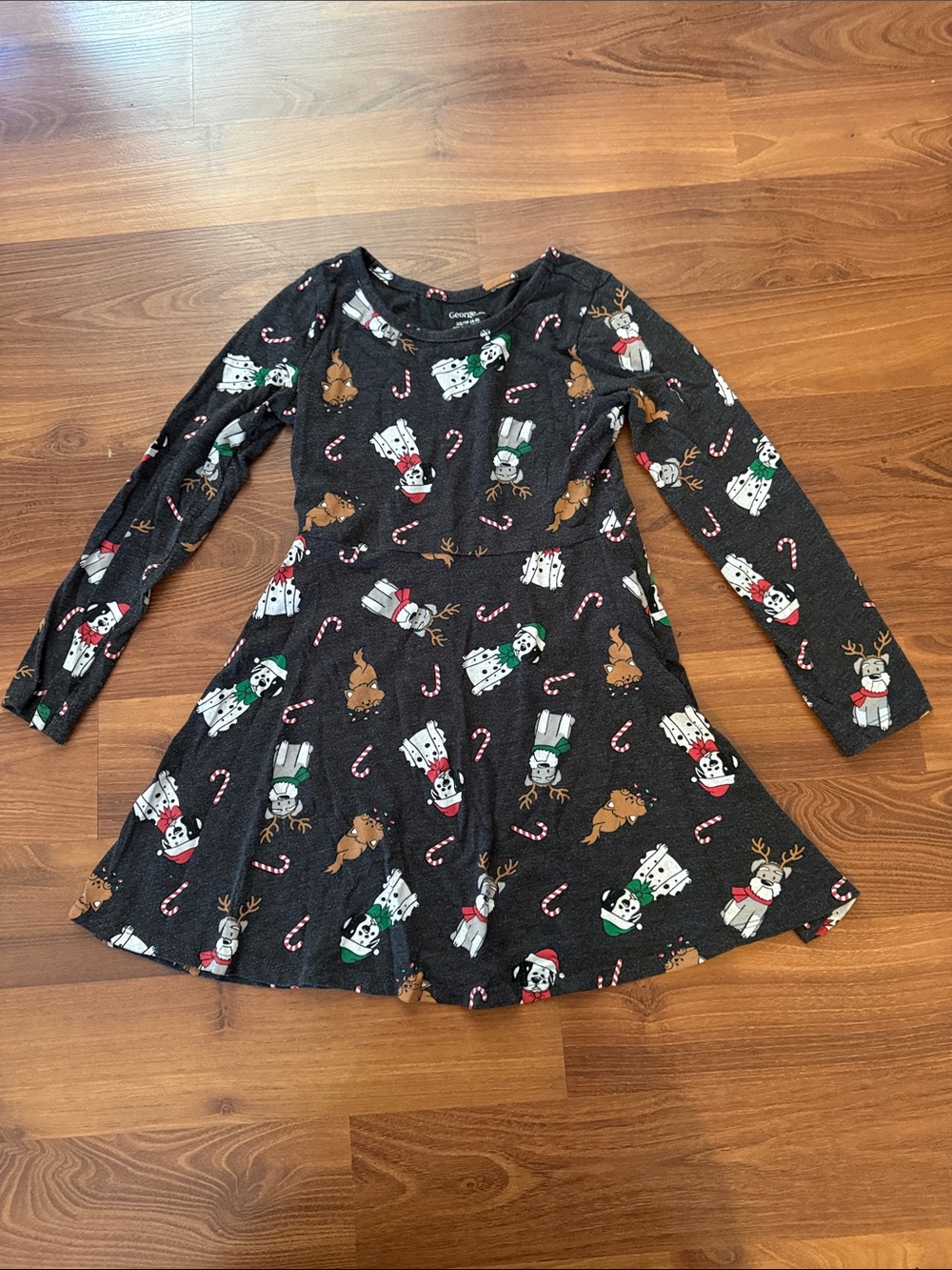 George Black Long-Sleeve Holiday Character Dress with Red & Green Accents